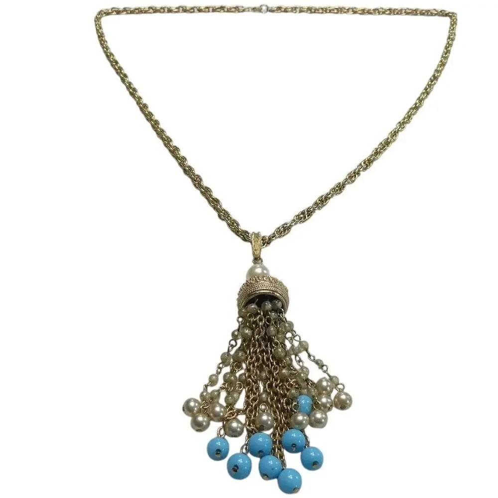 Vintage 1960s Pearl and Turquoise Bead Tassel Necklace